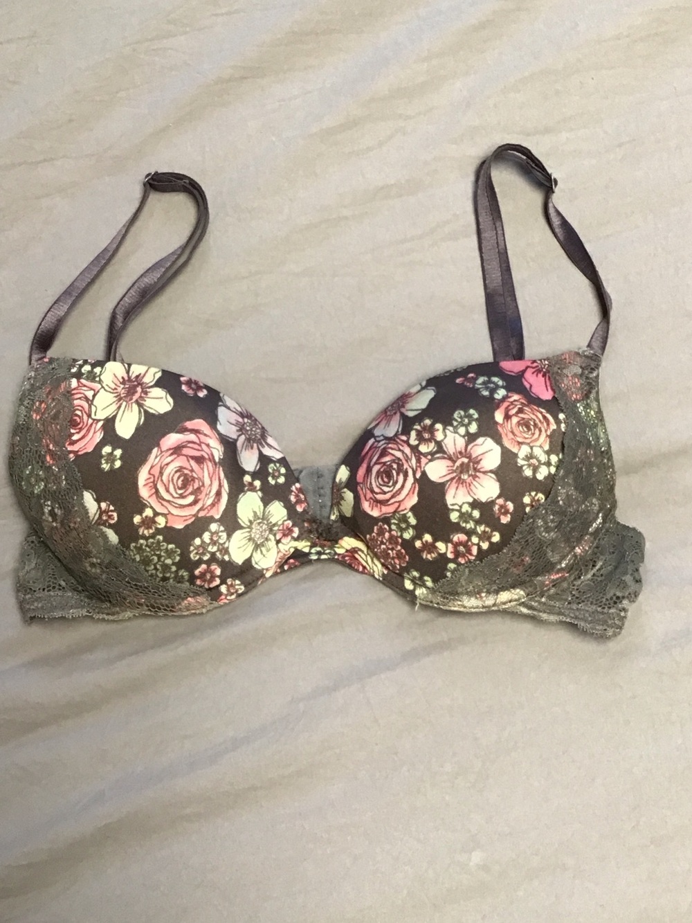 Jaclyn Smith Gray Floral Lace Push-Up Bra with Pink Flowers